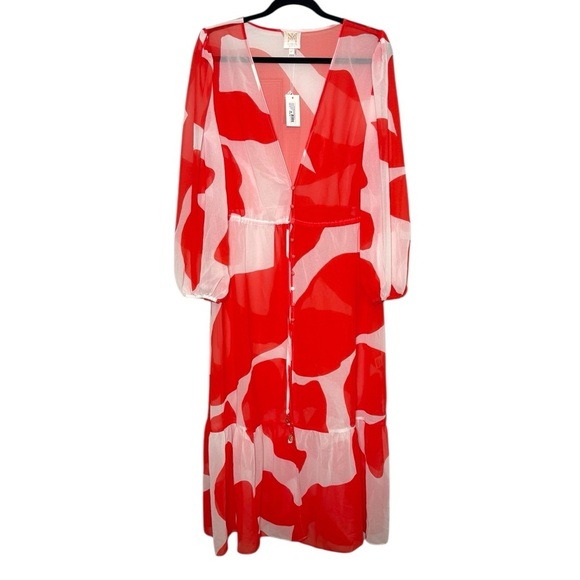 Milly Dresses & Skirts - Milly Cabana Cover Up Dress Size M/L Red White Long Sleeve Sheer NWT